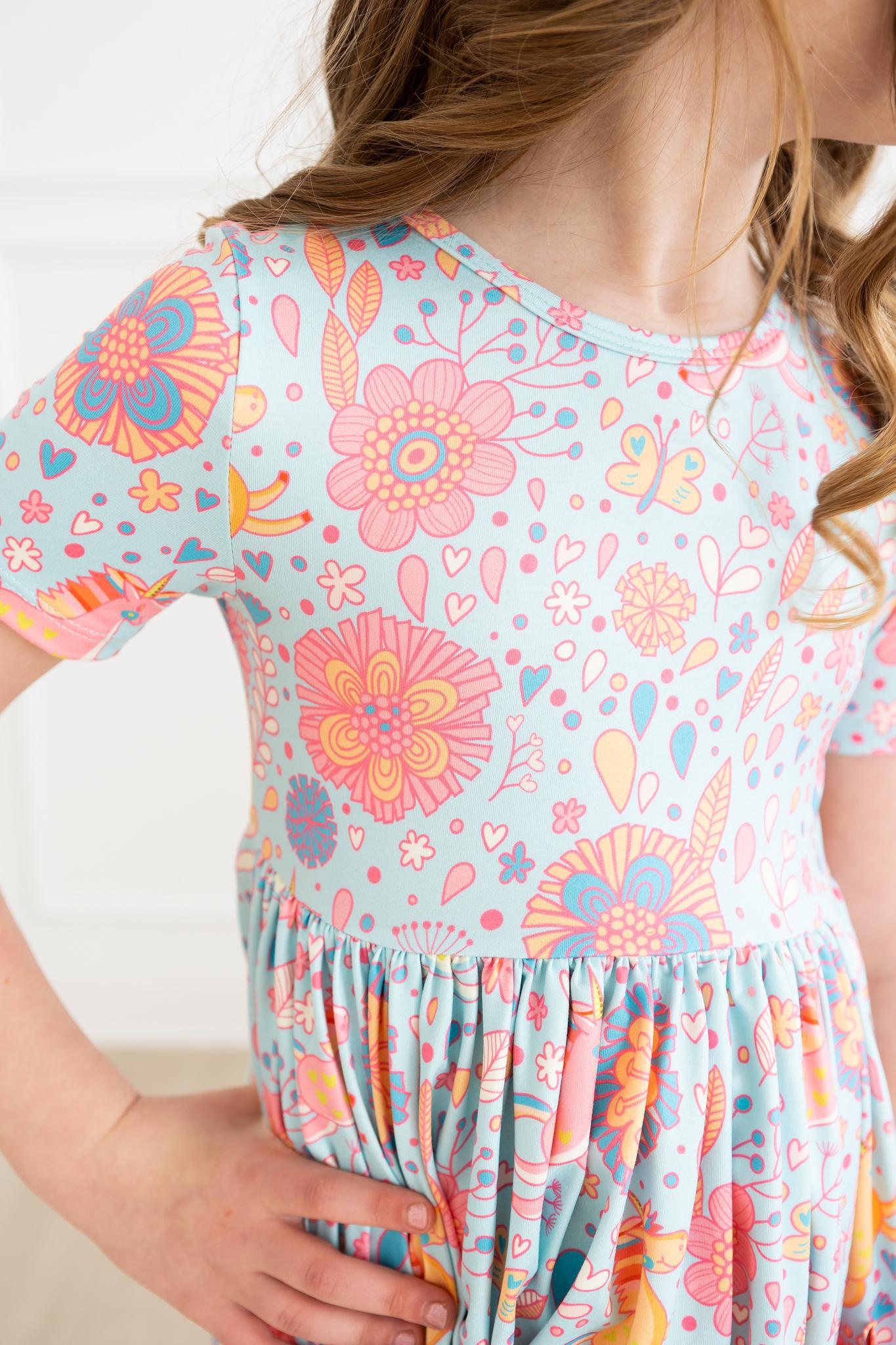 Girls Blue Retro Unicorn Twirl Dress with Pockets
