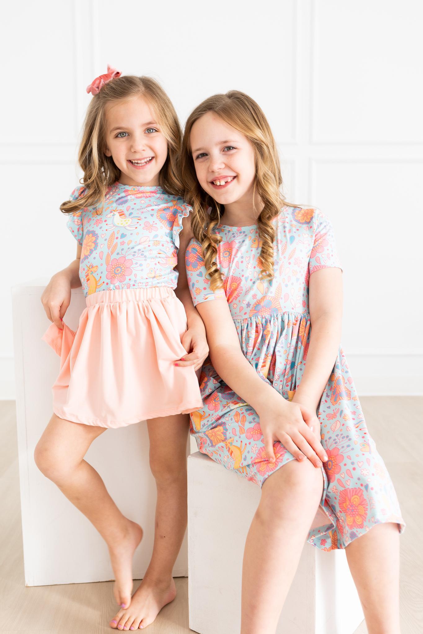 Girls Blue Retro Unicorn Twirl Dress with Pockets