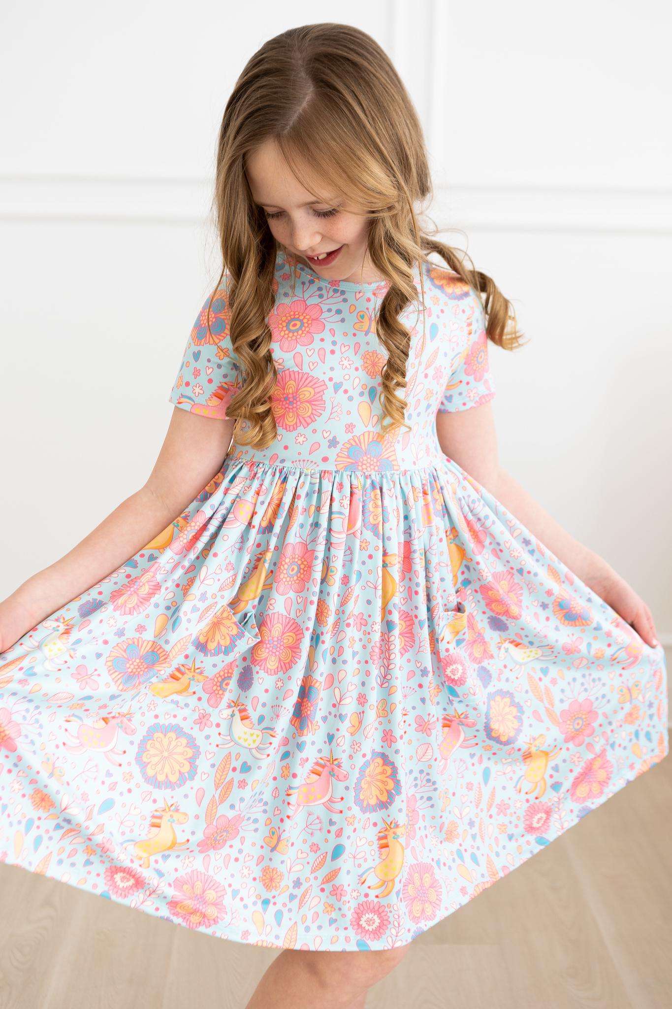 Girls Blue Retro Unicorn Twirl Dress with Pockets