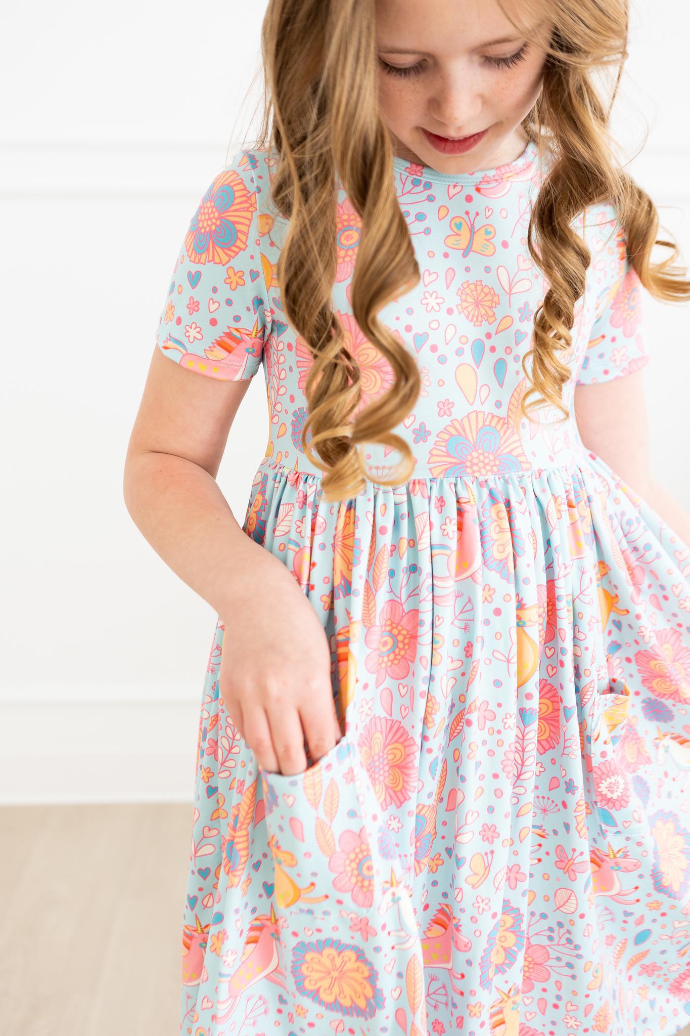 Girls Blue Retro Unicorn Twirl Dress with Pockets