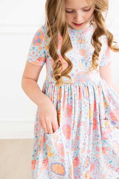 Girls Blue Retro Unicorn Twirl Dress with Pockets