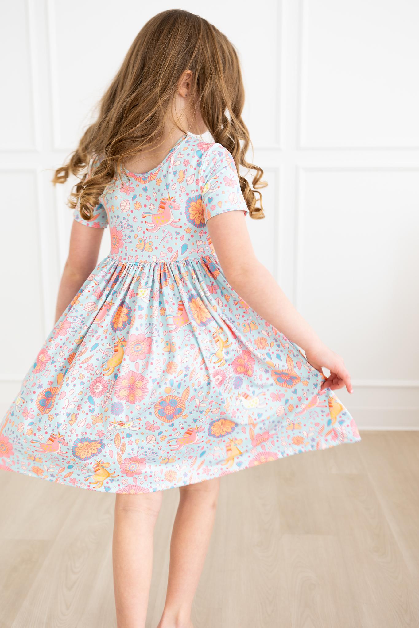 Girls Blue Retro Unicorn Twirl Dress with Pockets