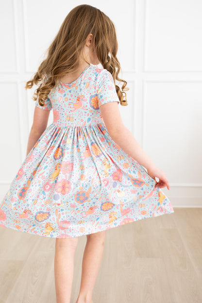 Girls Blue Retro Unicorn Twirl Dress with Pockets