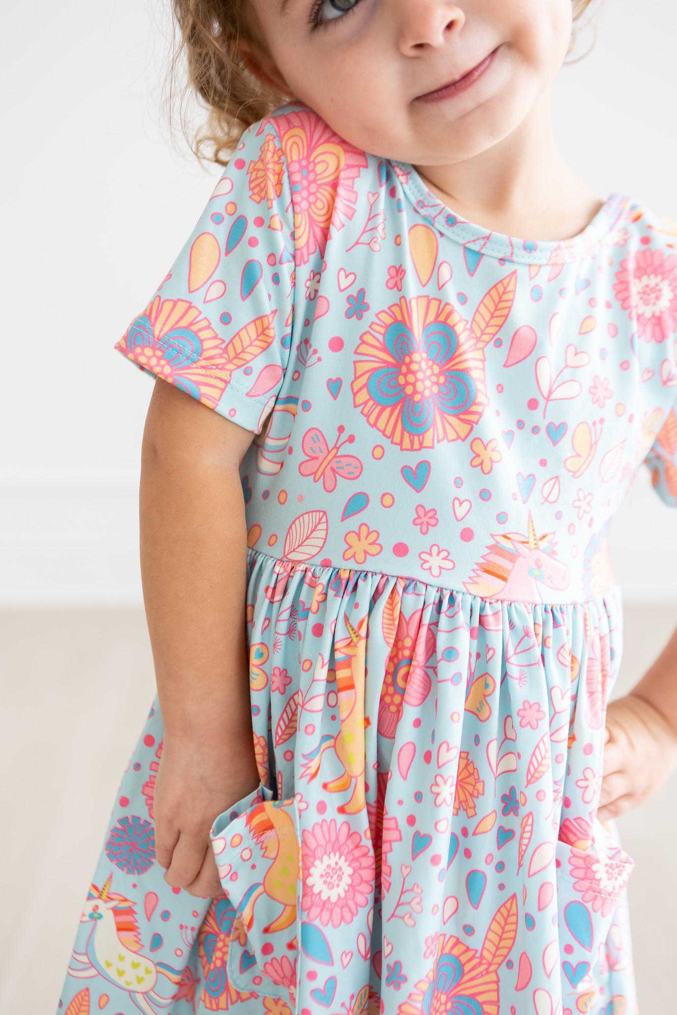 Girls Blue Retro Unicorn Twirl Dress with Pockets