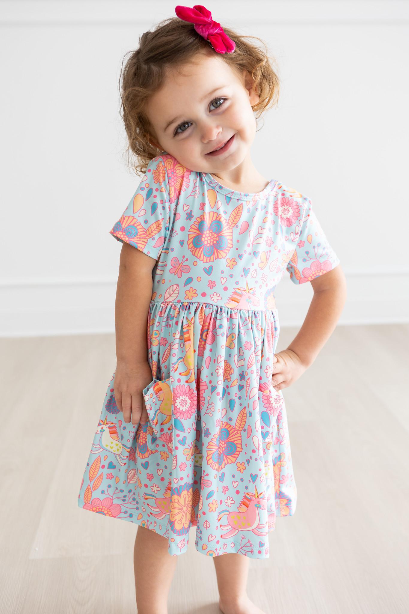 Girls Blue Retro Unicorn Twirl Dress with Pockets
