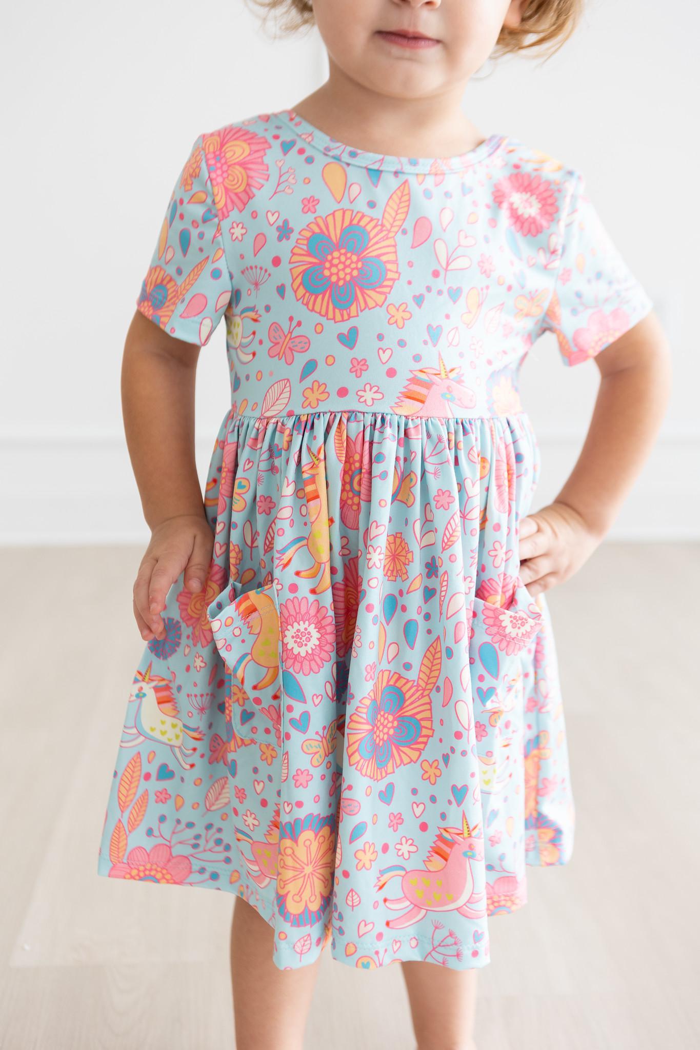Girls Blue Retro Unicorn Twirl Dress with Pockets
