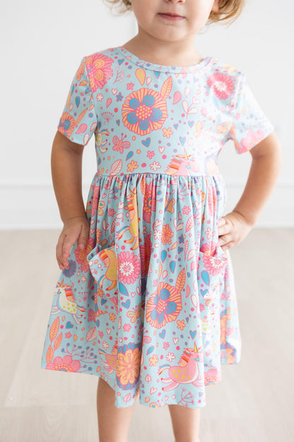 Girls Blue Retro Unicorn Twirl Dress with Pockets