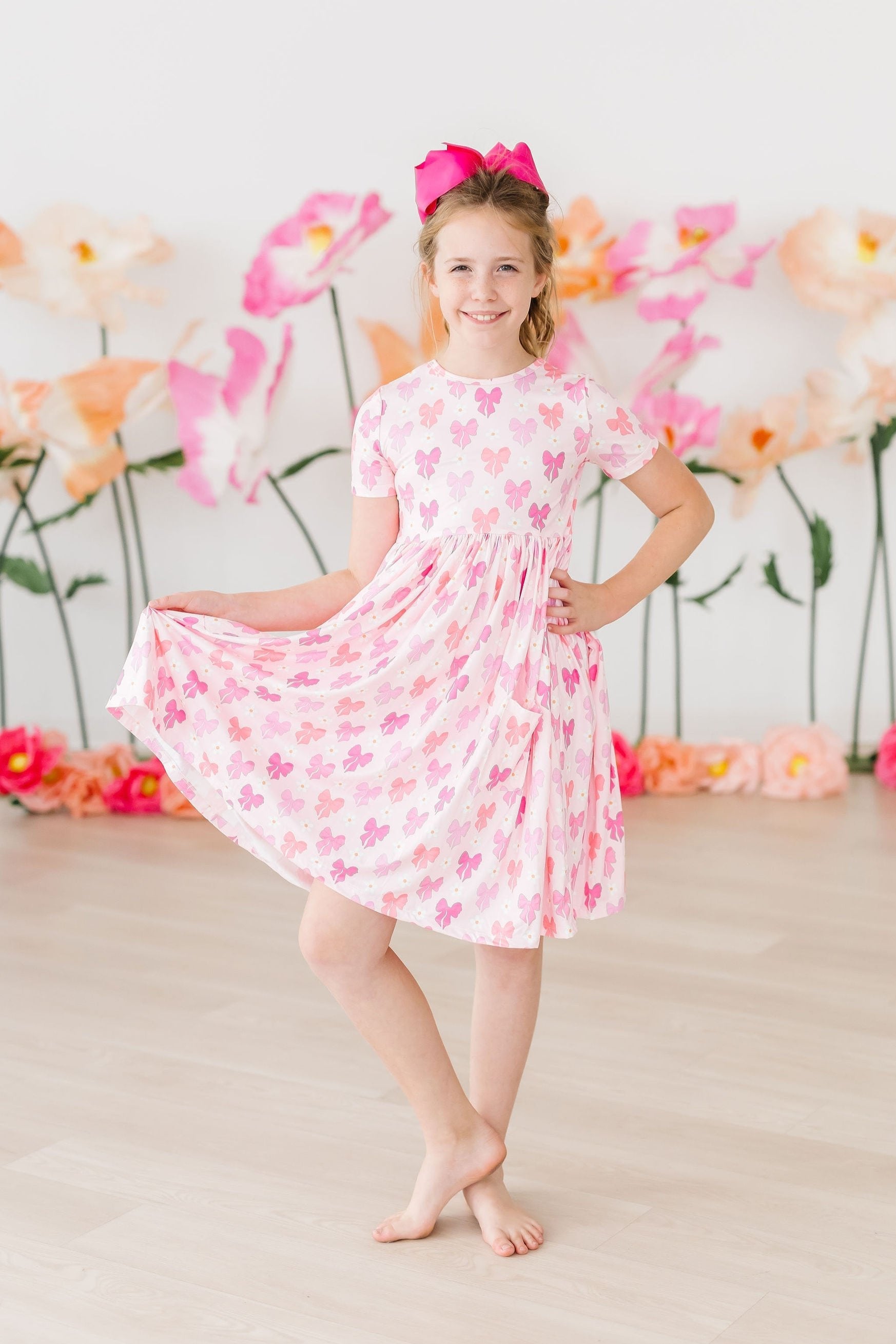 Bow Beauty Short Sleeve Pocket Twirl Dress
