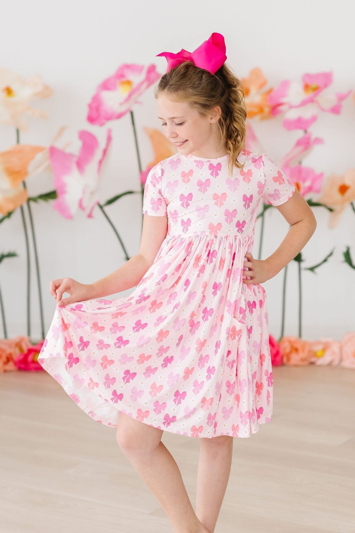 Bow Beauty Short Sleeve Pocket Twirl Dress