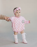 Checkered Smiley Pink Bubble Romper