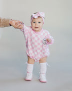 Checkered Smiley Pink Bubble Romper