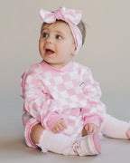 Checkered Smiley Pink Bubble Romper