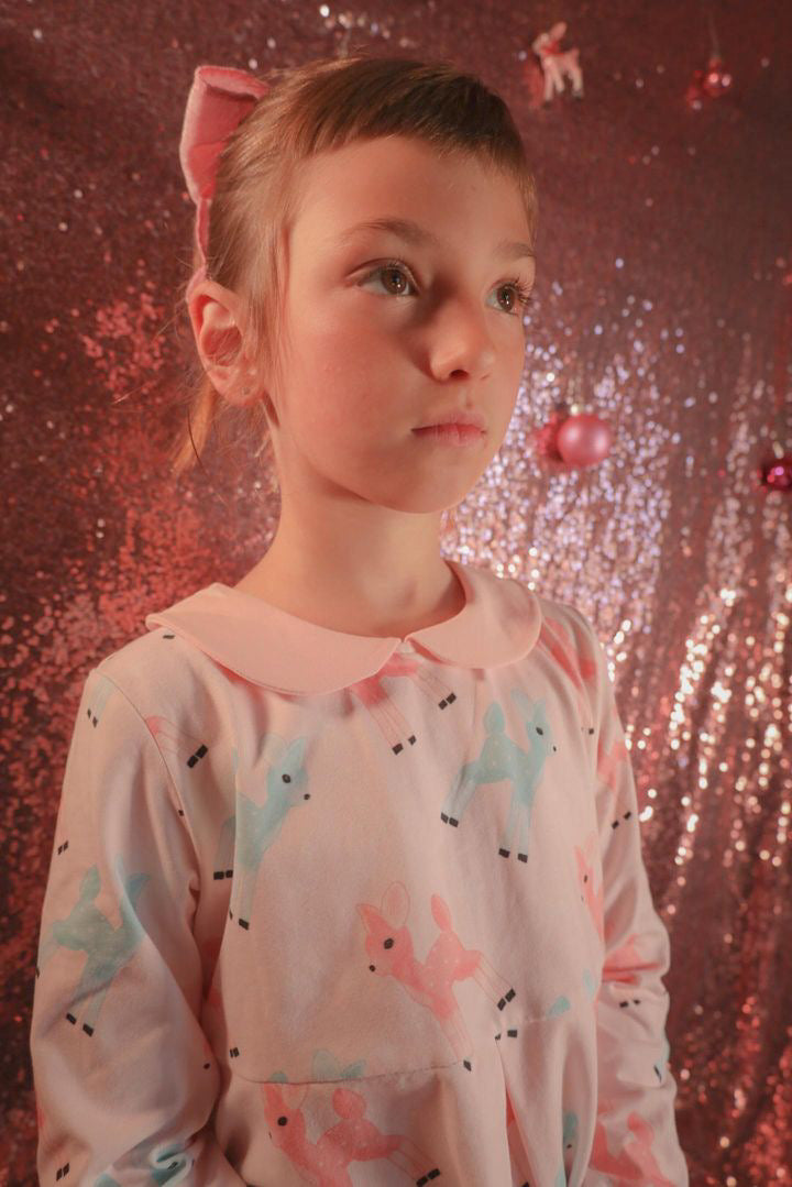 Girls Retro Pink and Teal Deer Winter Peter Pan Collar Dress