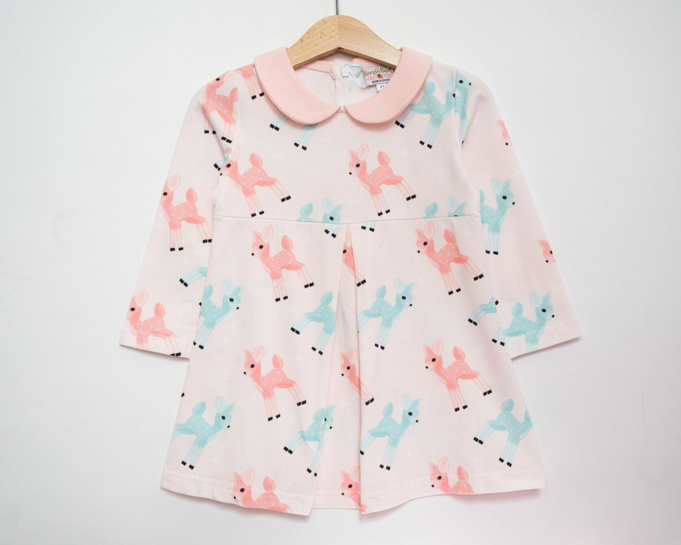 Girls Retro Pink and Teal Deer Winter Peter Pan Collar Dress