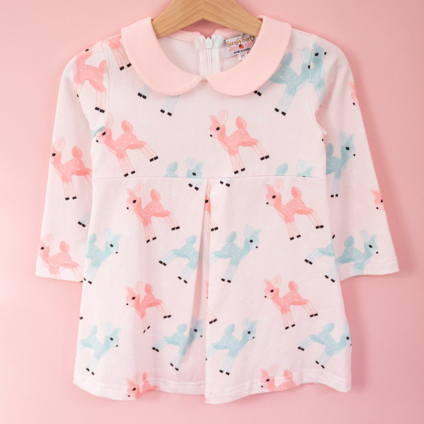 Girls Retro Pink and Teal Deer Winter Peter Pan Collar Dress