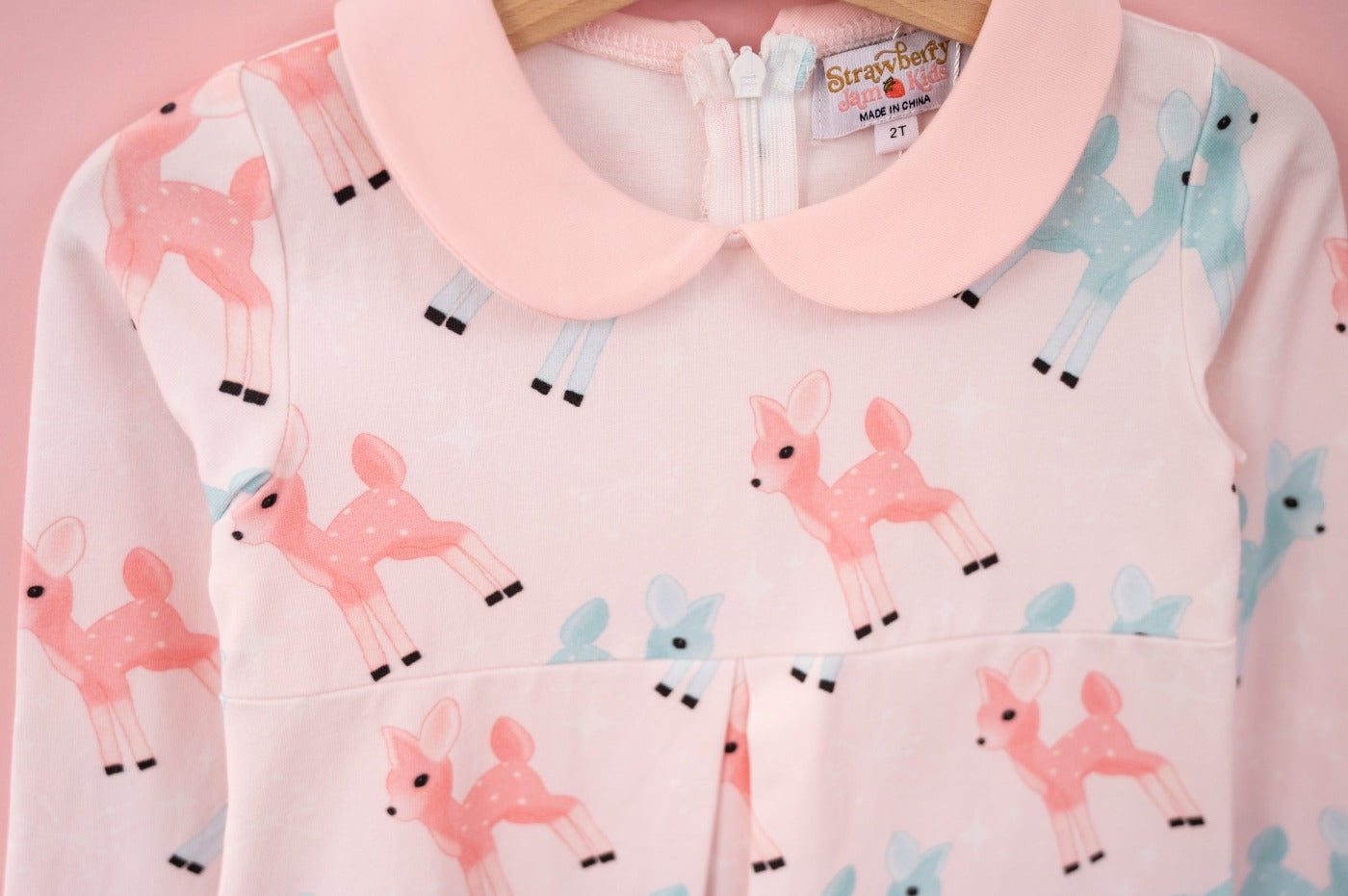 Girls Retro Pink and Teal Deer Winter Peter Pan Collar Dress