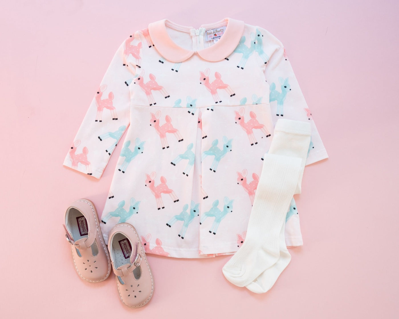 Girls Retro Pink and Teal Deer Winter Peter Pan Collar Dress