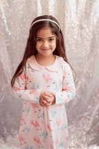Girls Retro Pink and Teal Deer Winter Peter Pan Collar Dress