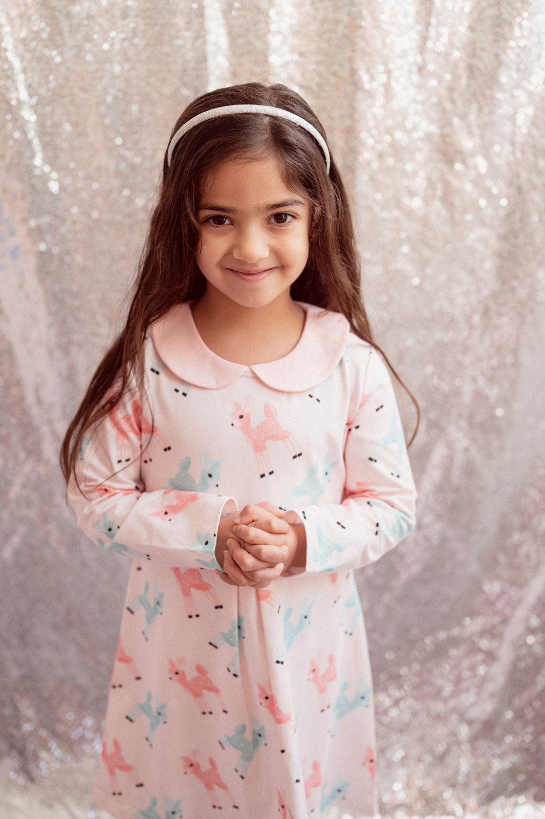 Girls Retro Pink and Teal Deer Winter Peter Pan Collar Dress