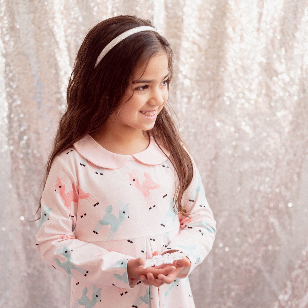 Girls Retro Pink and Teal Deer Winter Peter Pan Collar Dress