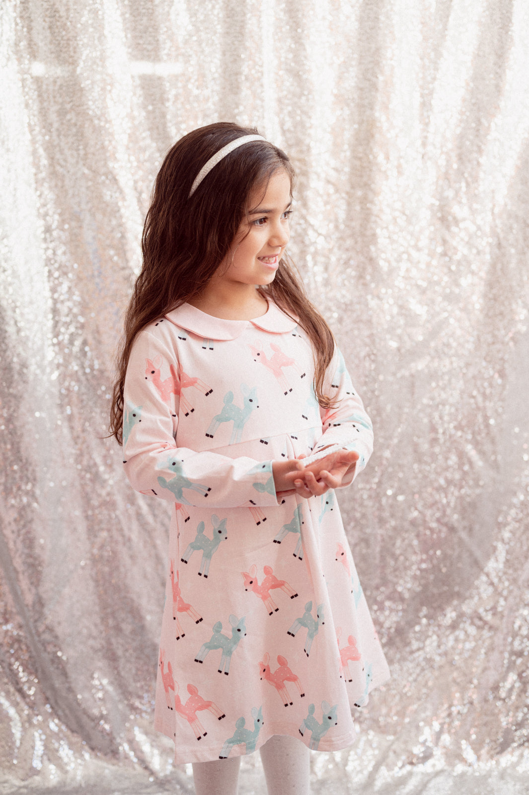 Girls Retro Pink and Teal Deer Winter Peter Pan Collar Dress