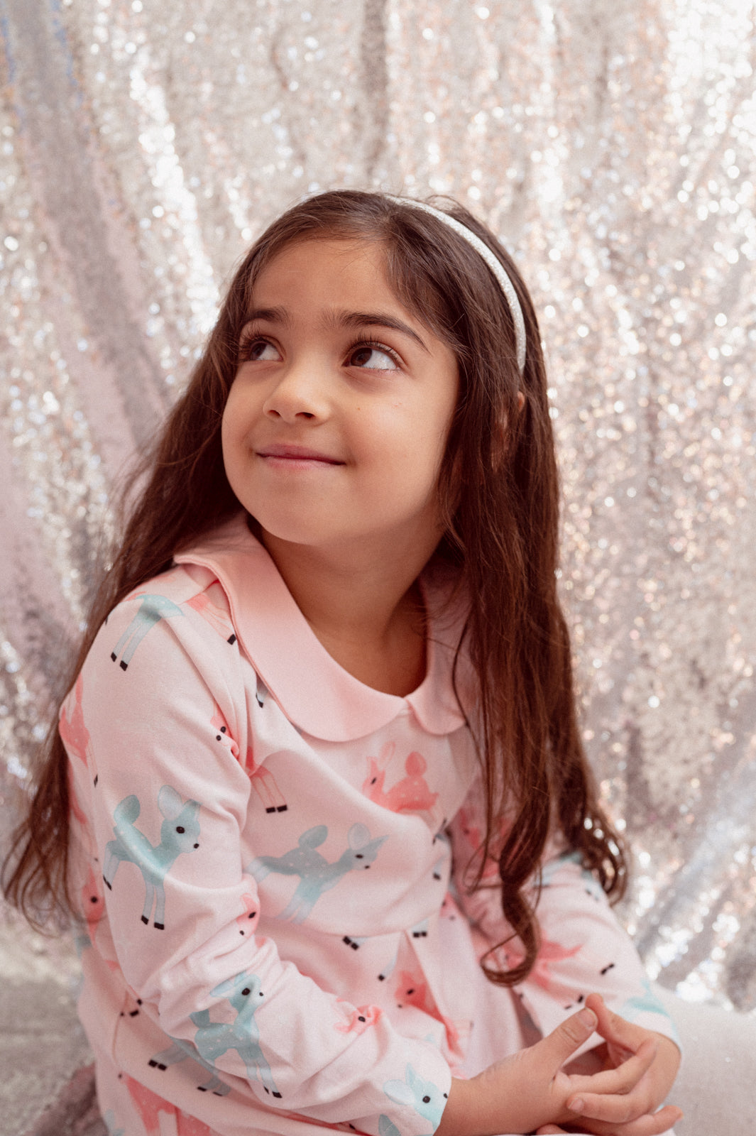 Girls Retro Pink and Teal Deer Winter Peter Pan Collar Dress