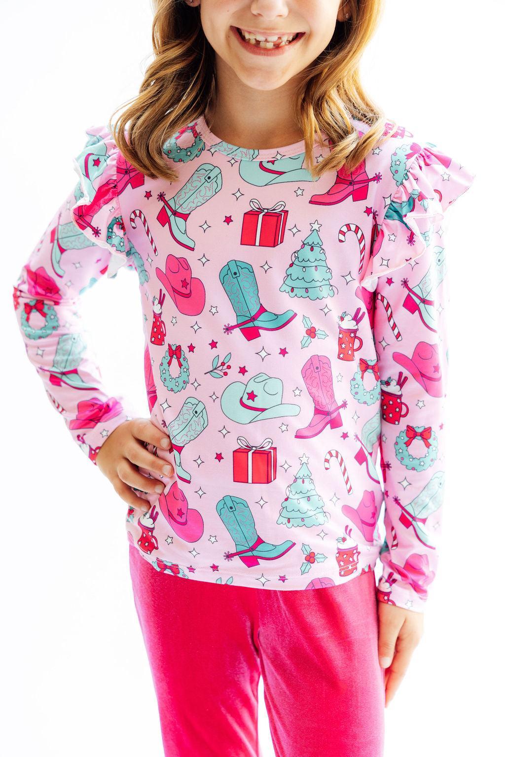 Christmas Cowgirl Long Sleeve Ruffle Tee