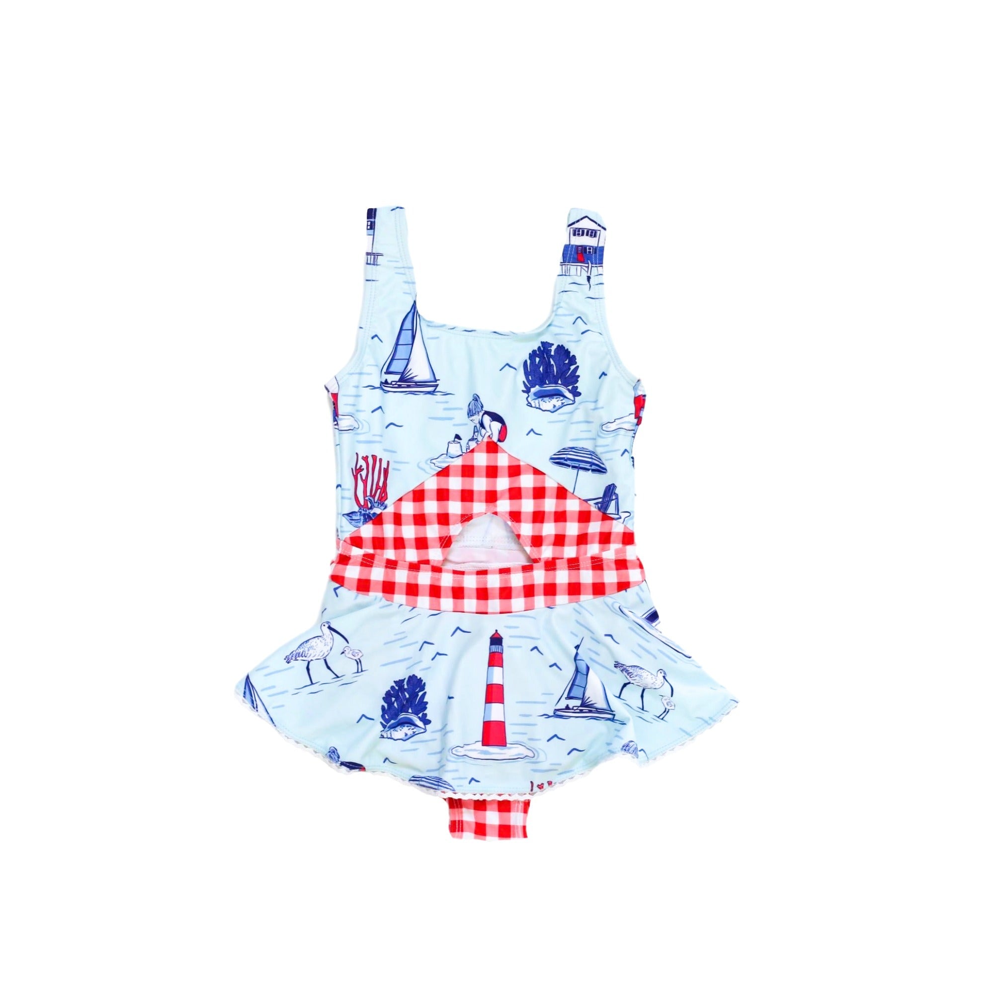 girls nautical one piece swimsuit with mid cut-out and mint print