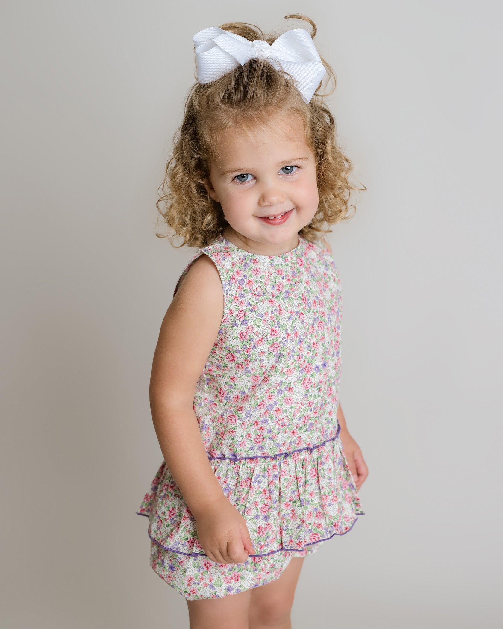 Girls Floral Short Set – Peplum Top with Lilac Trim