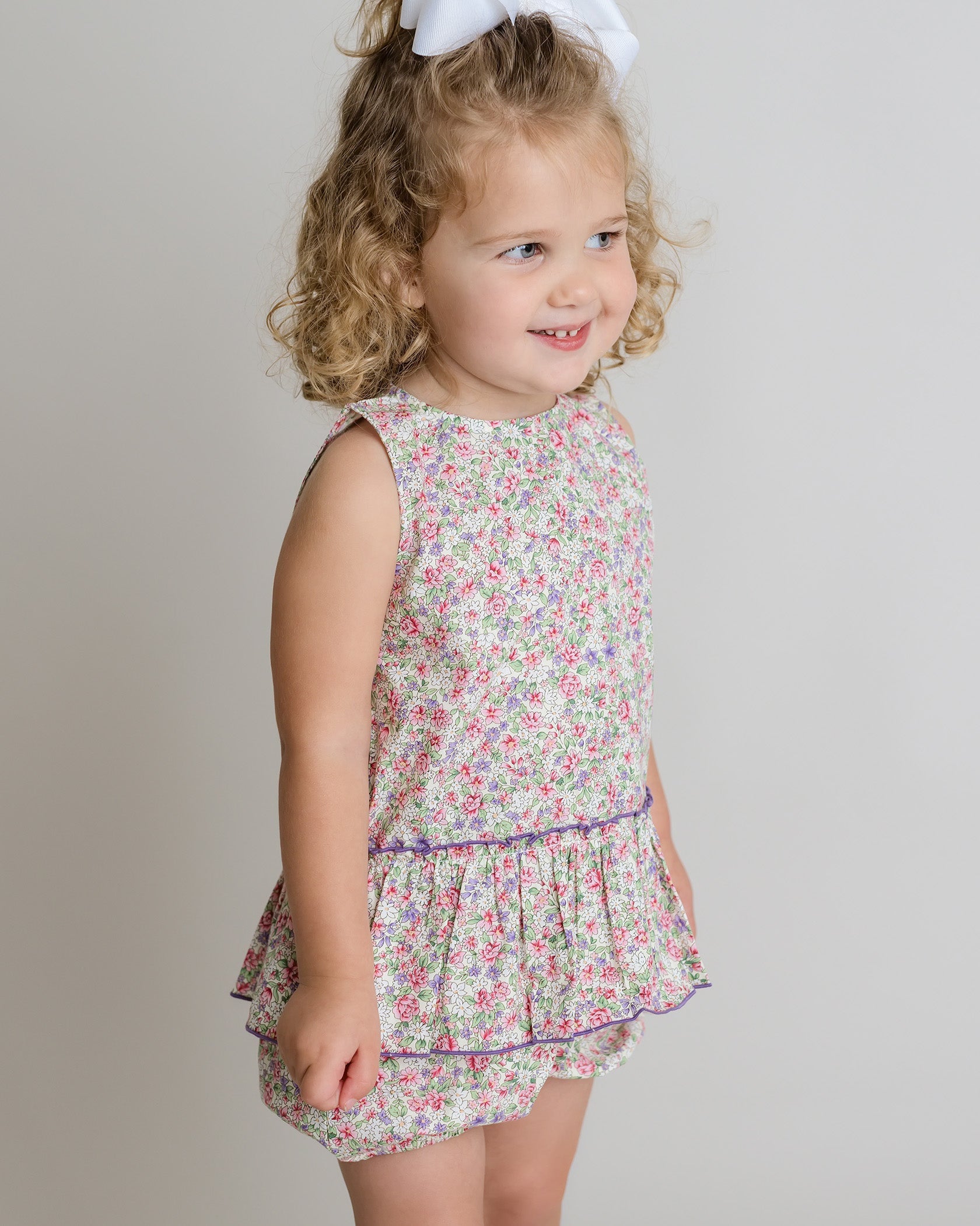 Girls Floral Short Set – Peplum Top with Lilac Trim