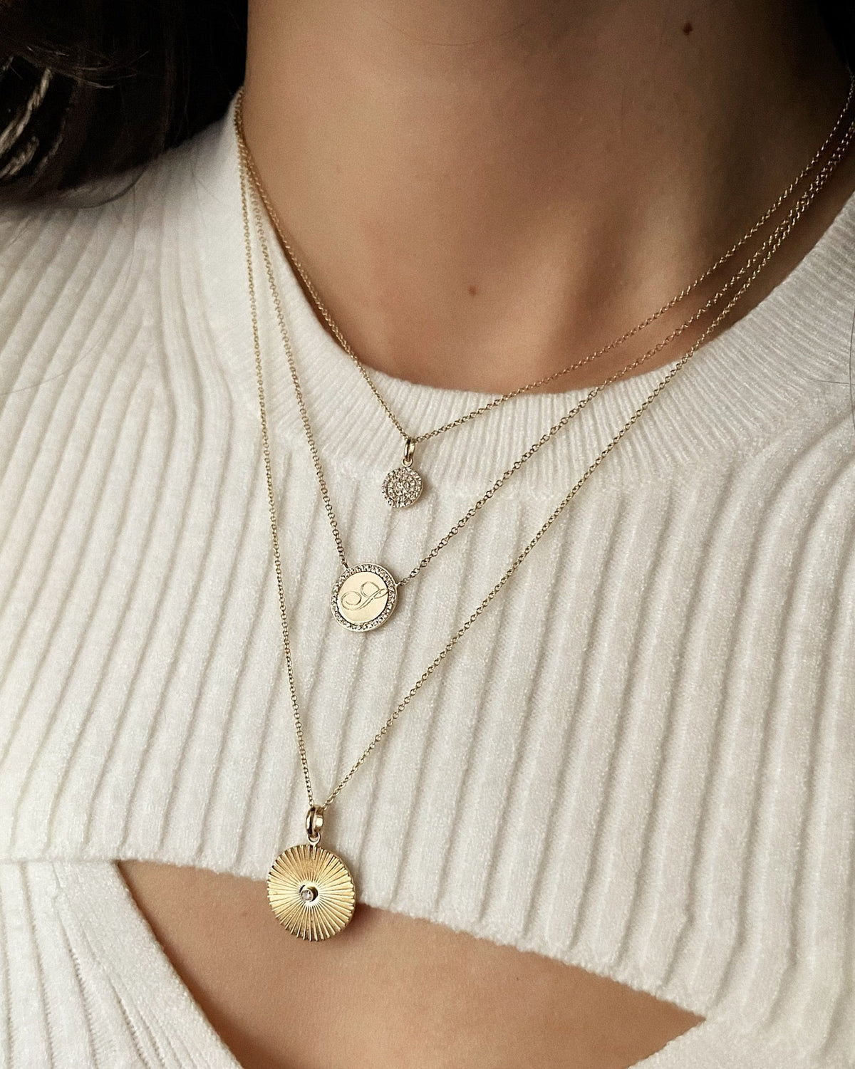 14K Gold Fluted Disc with Diamond Necklace