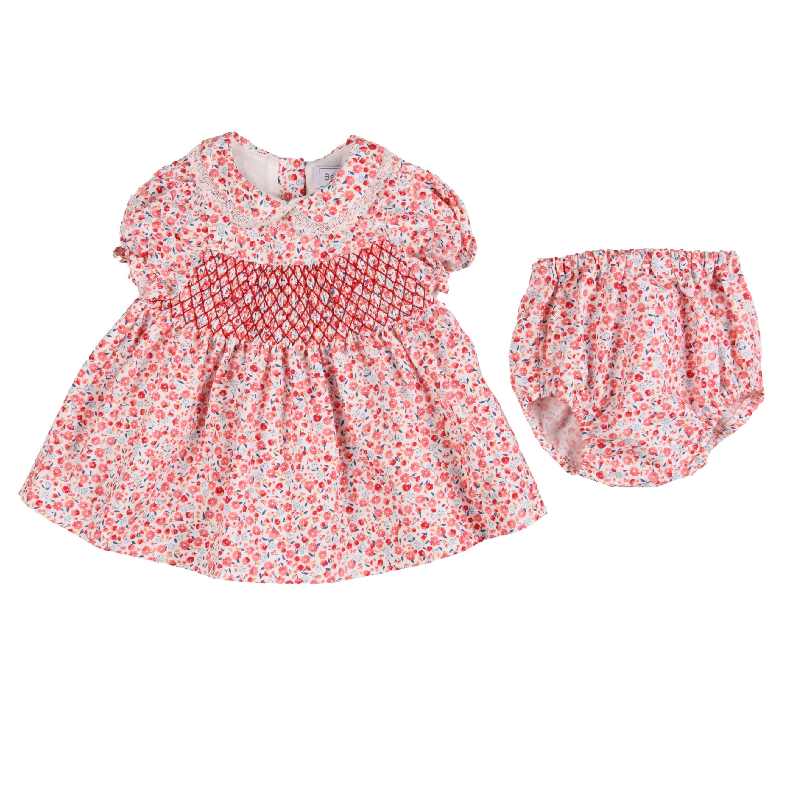 Agathe Red Cotton Smocked Floral Dress