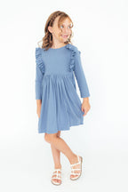 Dusty Blue Long Sleeve Ruffle Dress