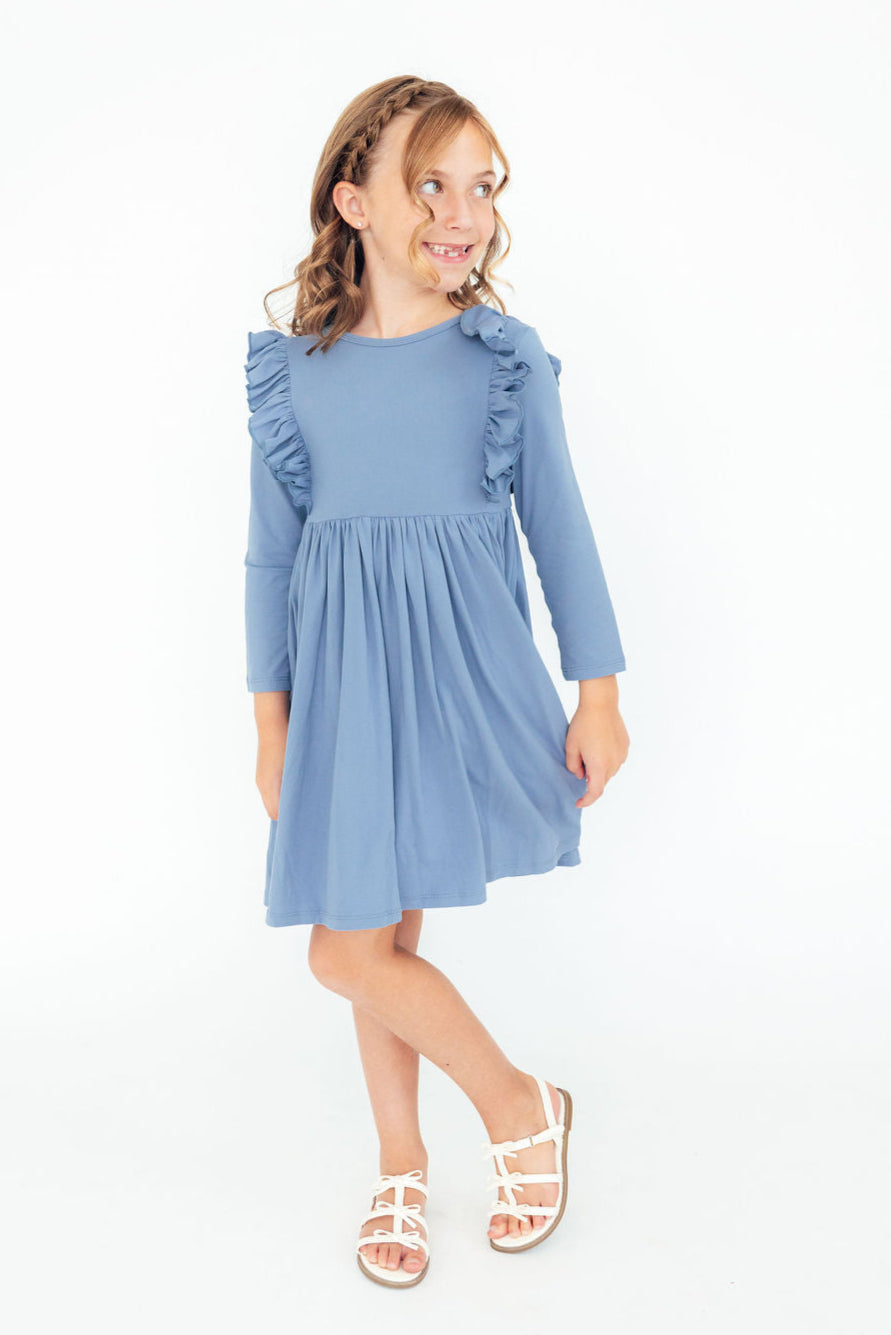 Dusty Blue Long Sleeve Ruffle Dress
