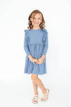 Dusty Blue Long Sleeve Ruffle Dress