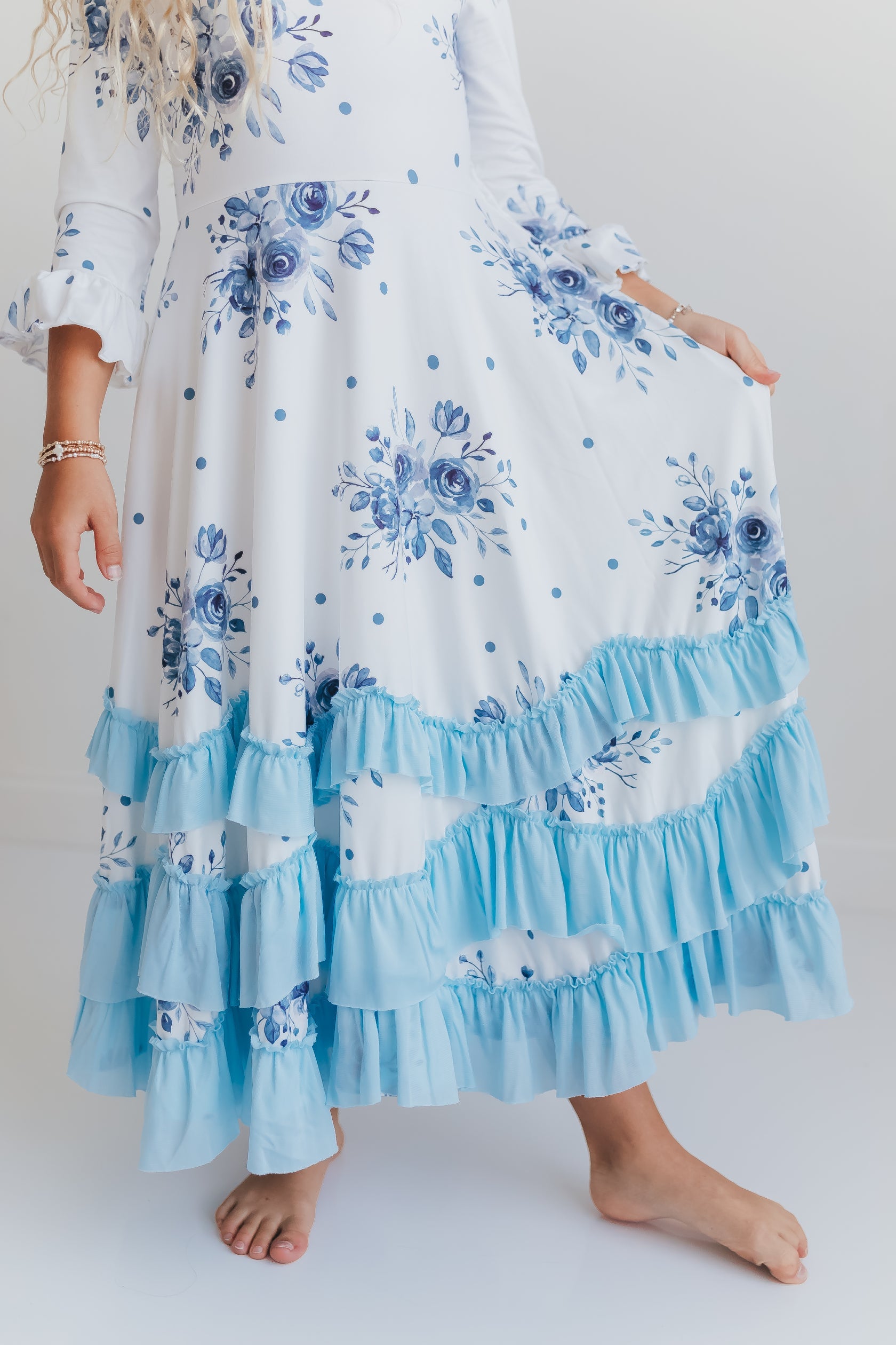 Dusty Blue Floral Ruffles Dress