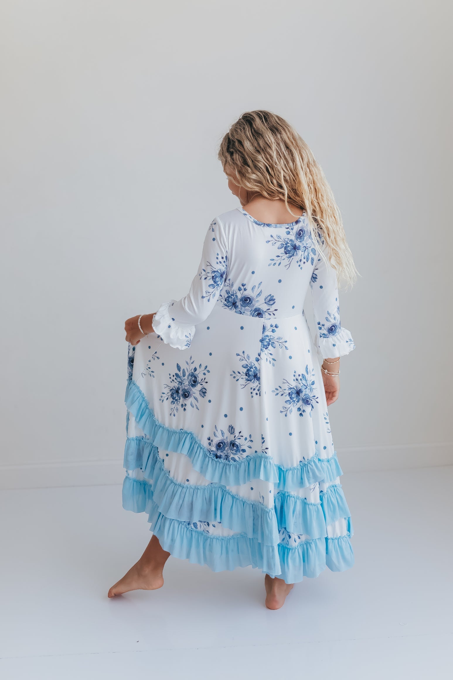 Dusty Blue Floral Ruffles Dress
