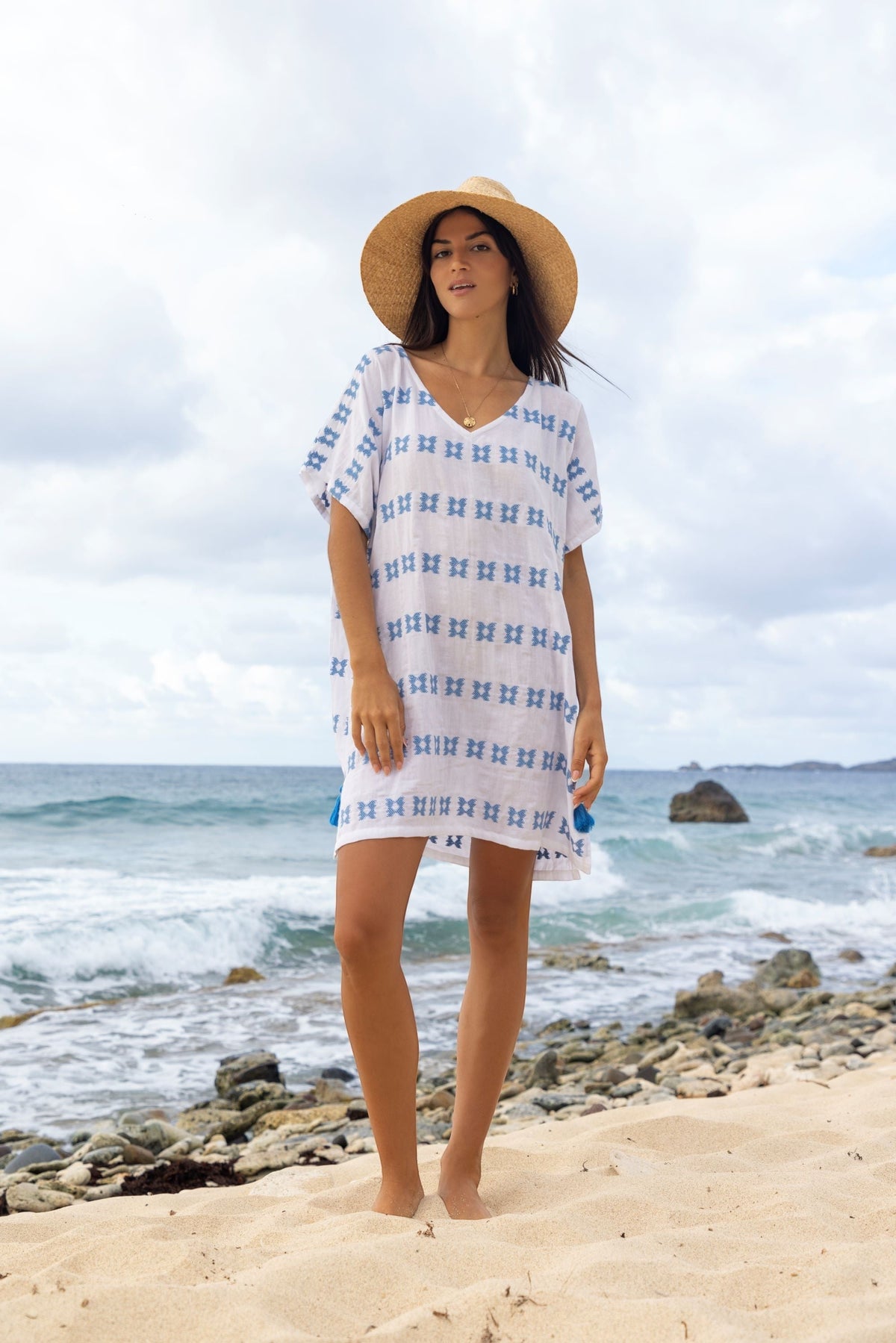 Capucine Women's Mini Caftan White with Blue Embroidery