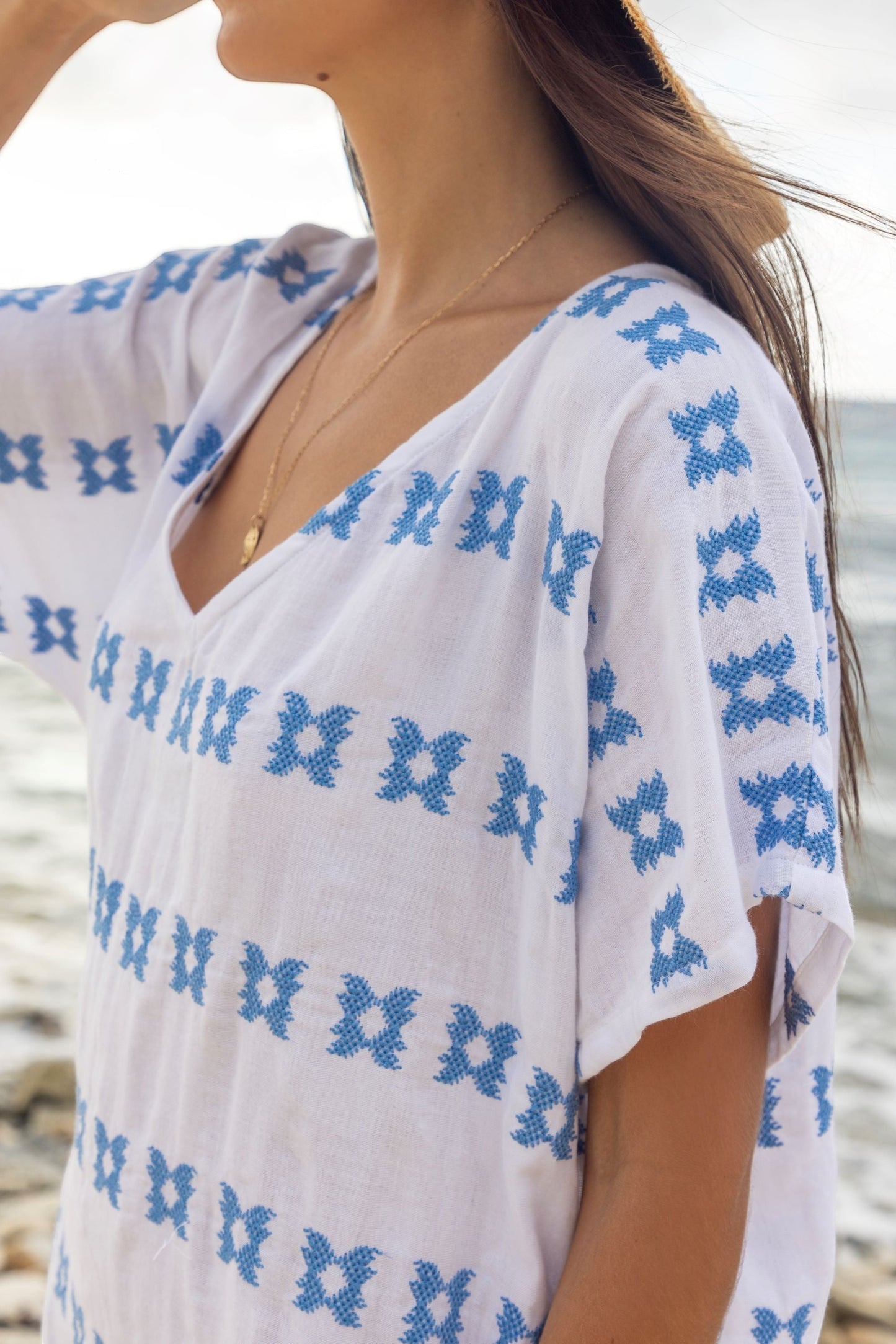 Capucine Women's Mini Caftan White with Blue Embroidery