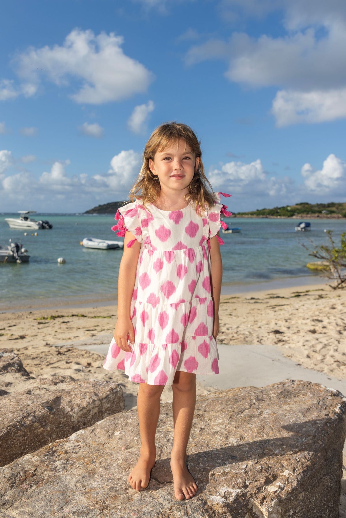 Sophie Girls' Tassel Dress White Pink Ikat