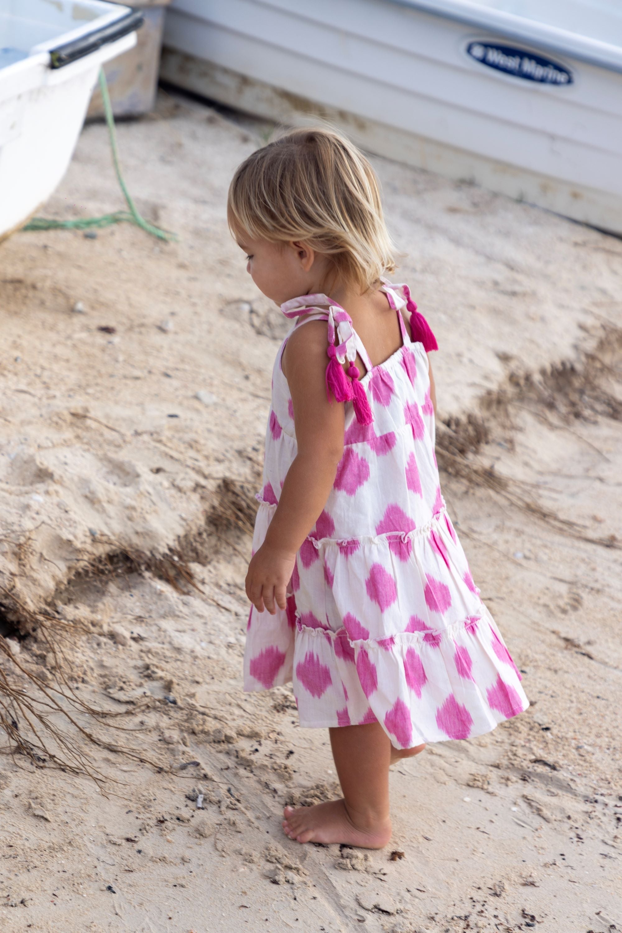 Bella Girls Shoulder Tie Sundress White Pink Ikat