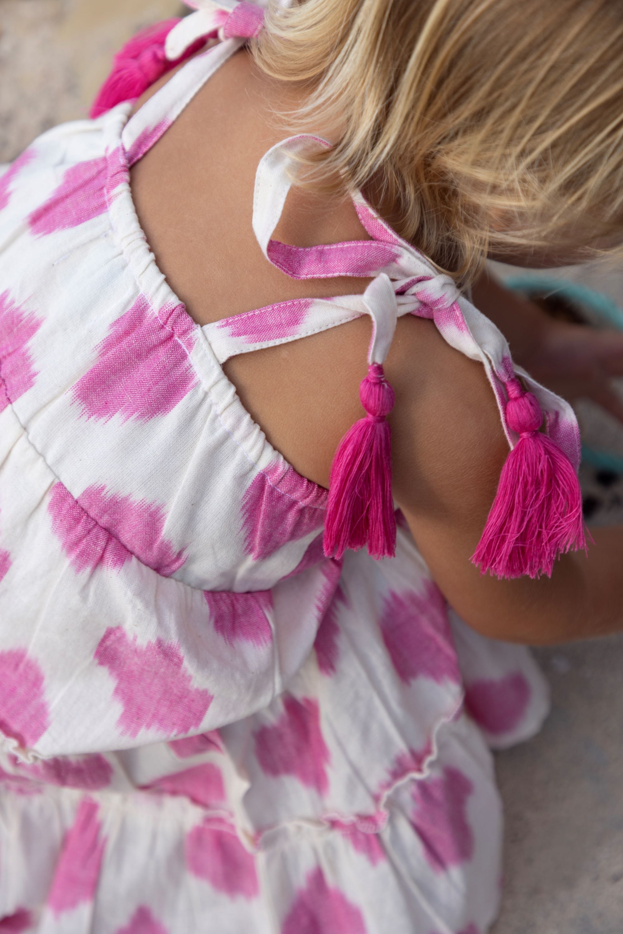 Bella Girls Shoulder Tie Sundress White Pink Ikat