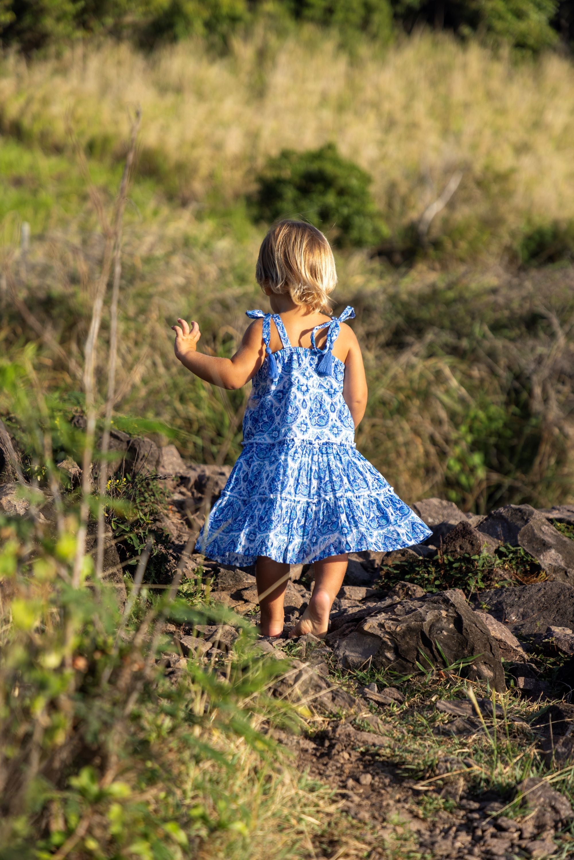 Bella Girls Shoulder Tie Sundress Blue Paisley