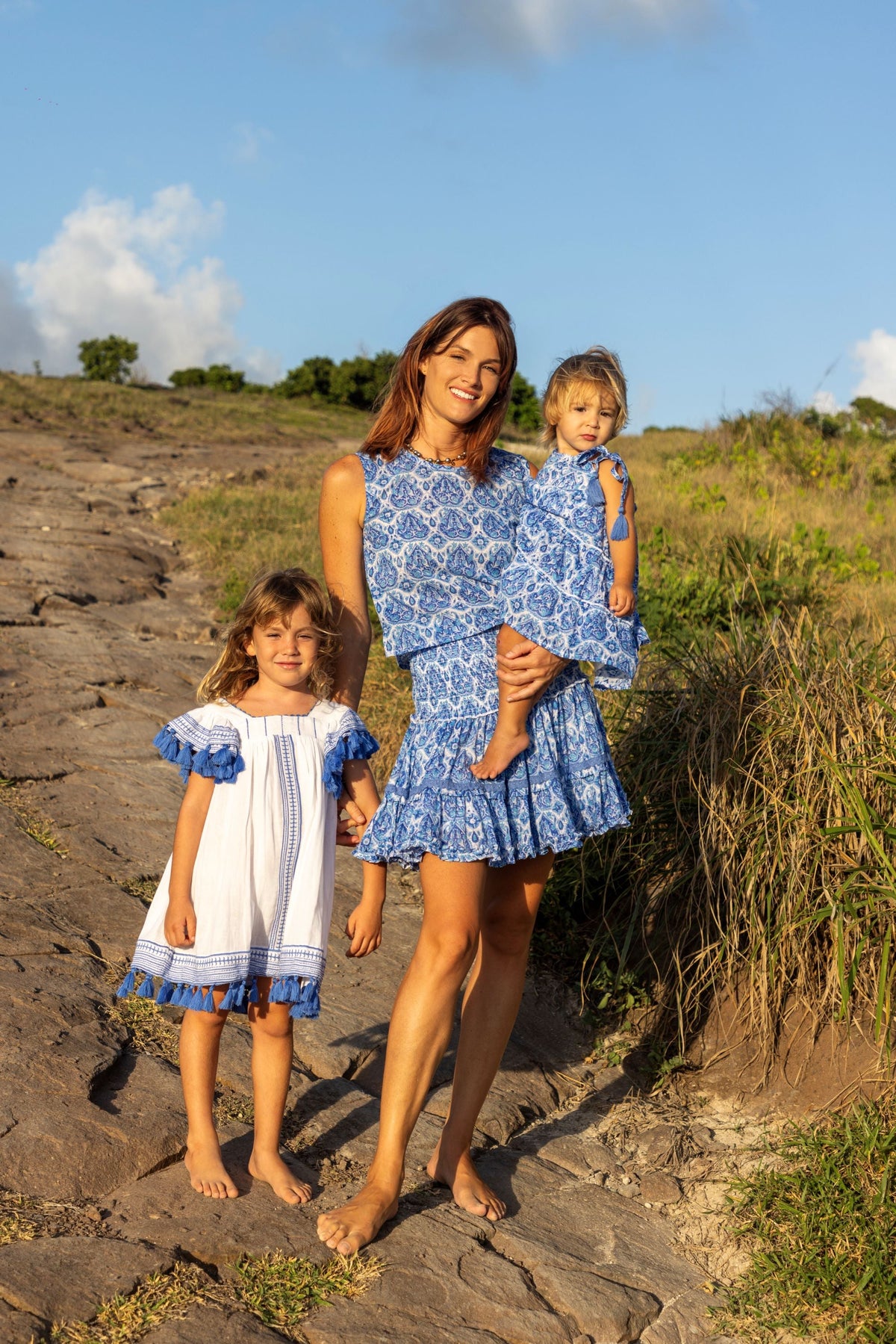 Serena Girls' Tassel Dress White Lapis Blue Embroidery