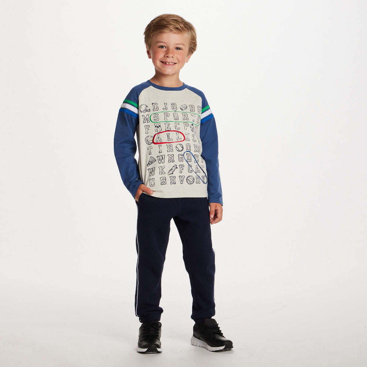 Kids Long Sleeve Raglan Color Blocked Alphabet Tee | Grey Alphabet