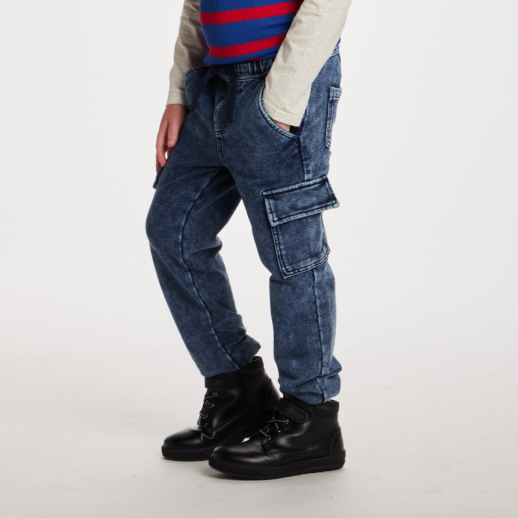Kids Knit Denim Cargo Jogger| Blue