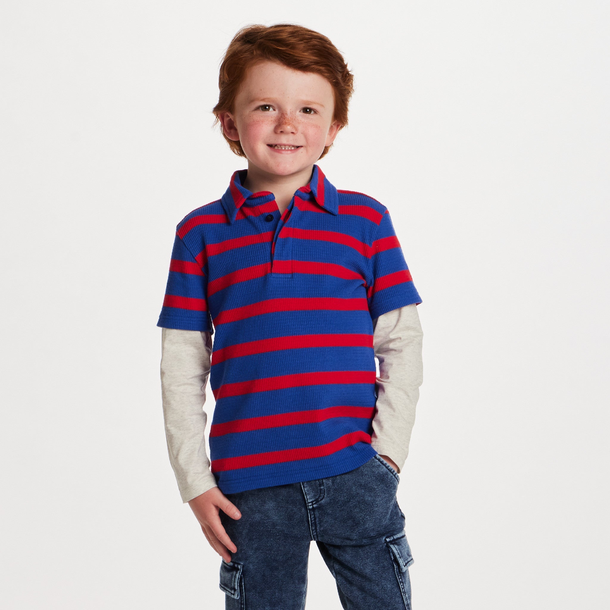 Kids Long Sleeve Waffle Polo | Rugby Stripe
