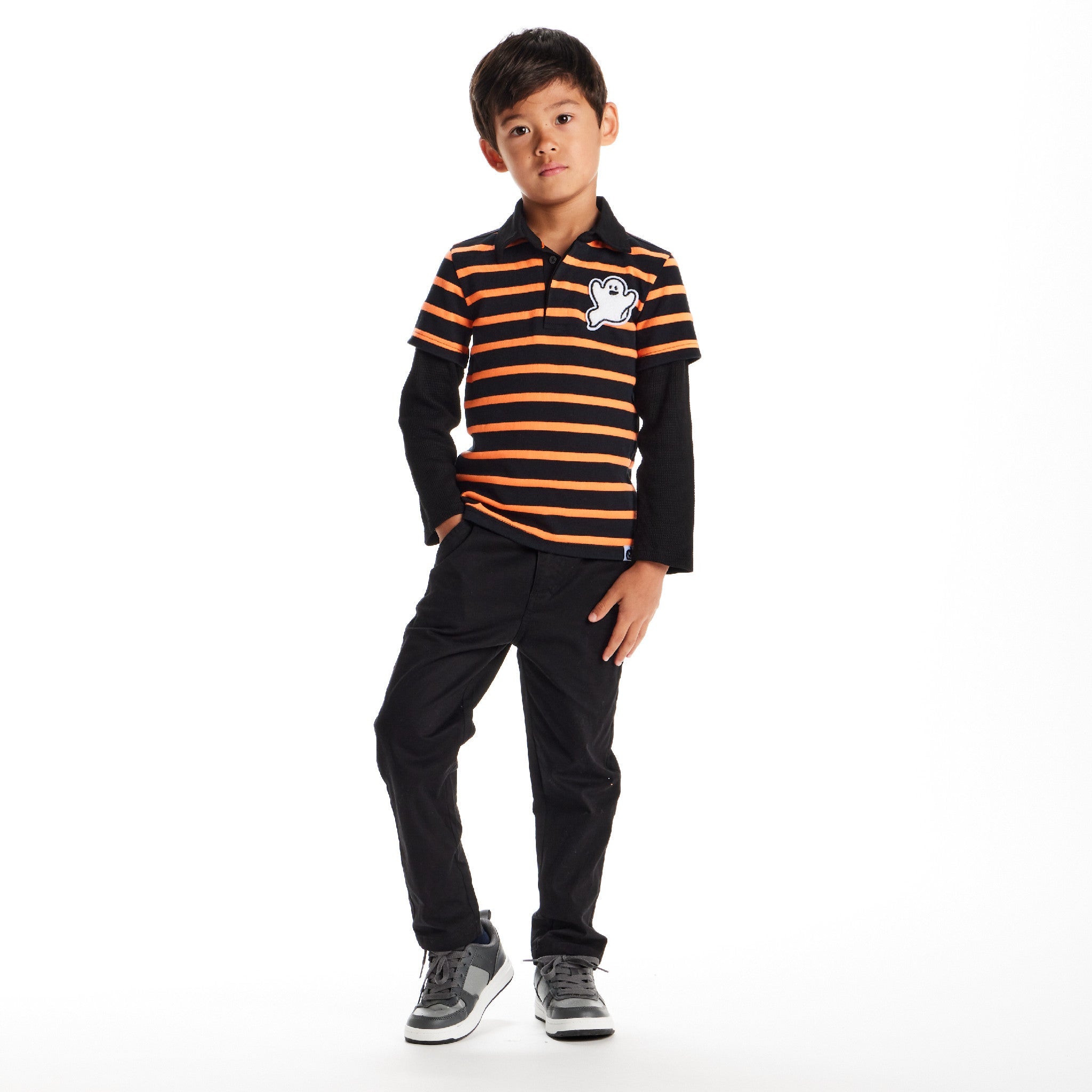 Kids Halloween Rugby Polo | Ghost Patch (Black/Orange)