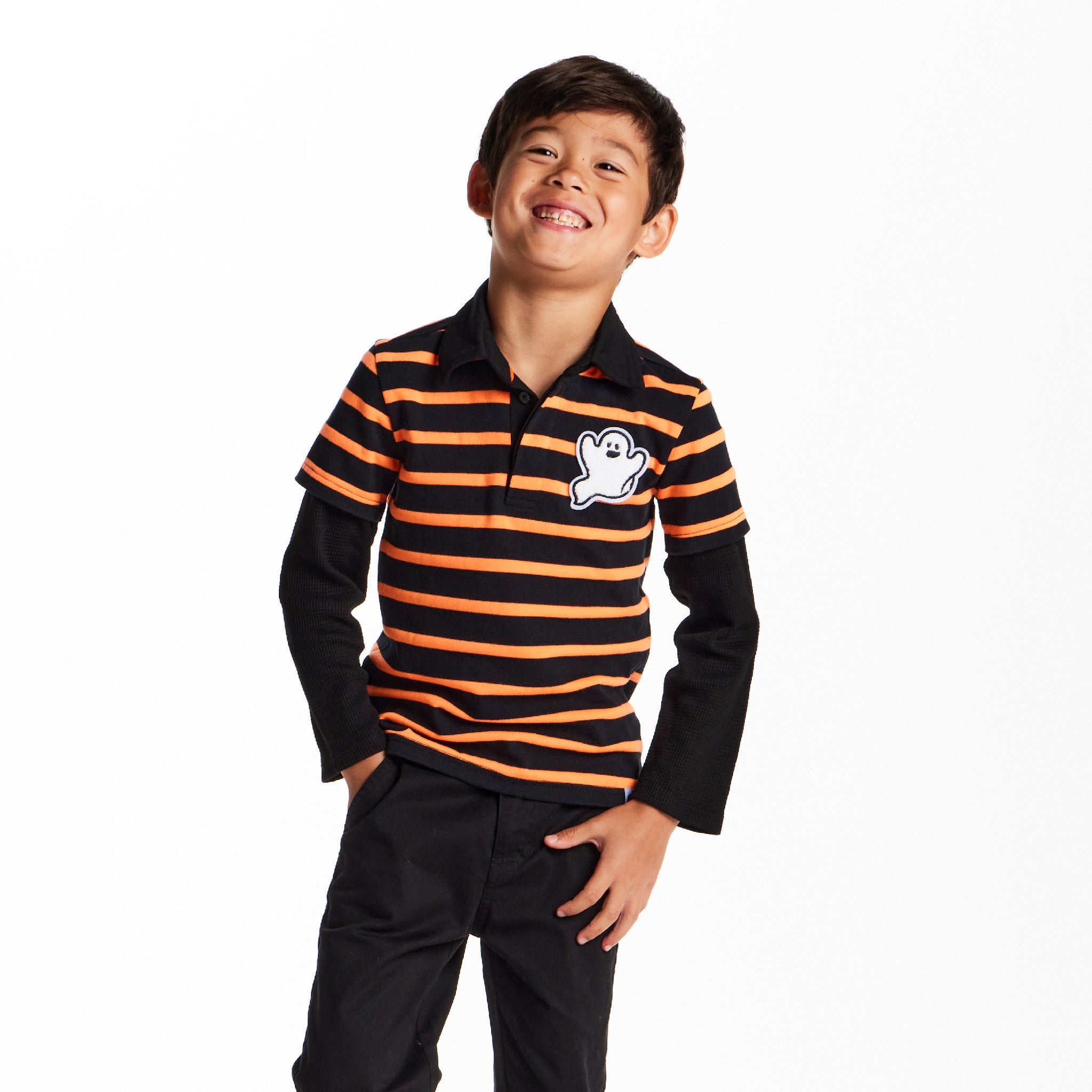 Kids Halloween Rugby Polo | Ghost Patch (Black/Orange)