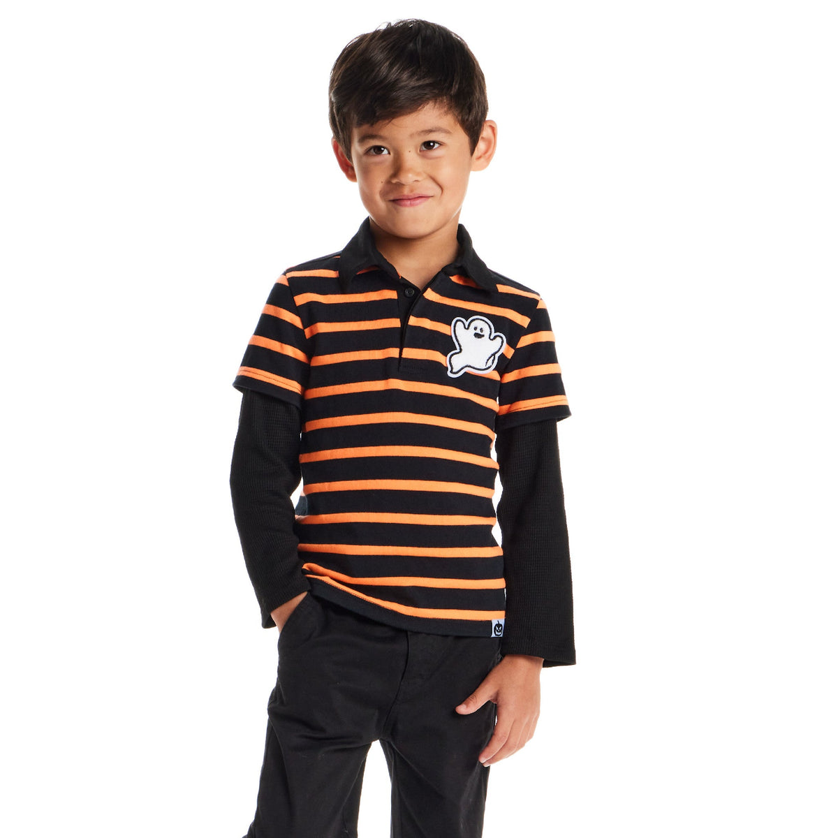 Kids Halloween Rugby Polo | Ghost Patch (Black/Orange)